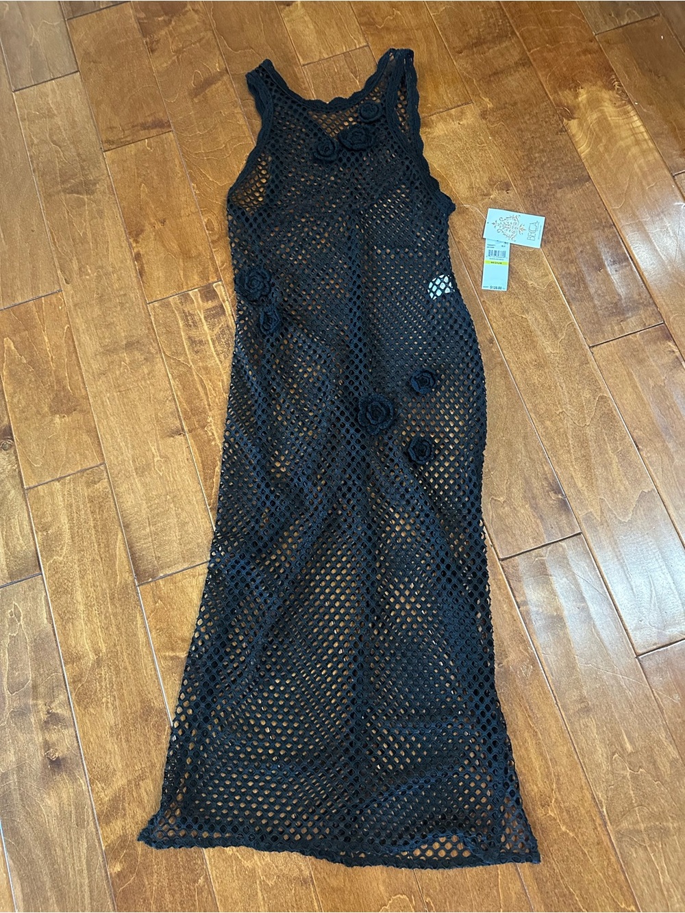 Black Crochet Maxi Swimsuit Cover-Up with Floral Appliqués